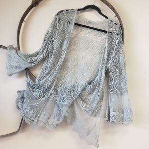 Dove Gray Crochet Open Front Kimono Duster
